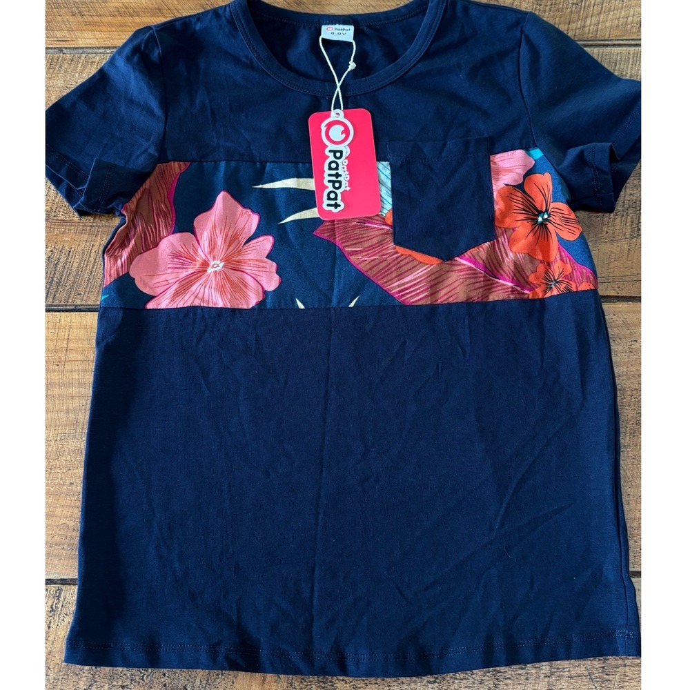 NWT PatPat Boys Navy Blue Hawaiian Floral Short Sleeve Shirt Size 8 to 9 Years